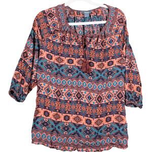 Natural Reflections Womens Blouse Multicolor Aztec Boho 3/4 Sleeve Peasant Large